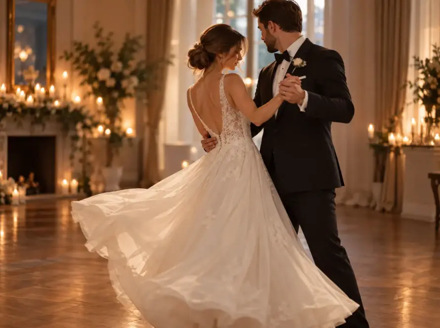 Yumuşak ışıkta ilk dansını yapan, gelinliği savrulan gelin ve damat