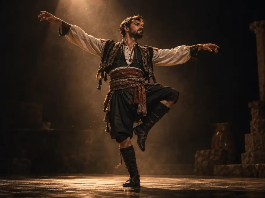 İşlemeli yelek ve kuşakla Ege zeybeği duruşunda sahnede dans eden erkek dansçı