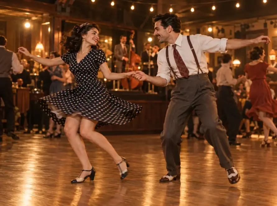 Nostaljik bir salonda swing out yapan 1940'lar kıyafetli çift