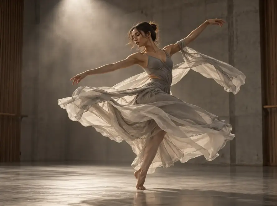 Hafif kumaşlı kostümüyle dönüş yapan modern dansçı, minimalist stüdyoda