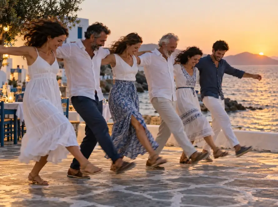 Gün batımında deniz kenarında omuz omuza sirtaki oynayan yetişkin dansçı grubu