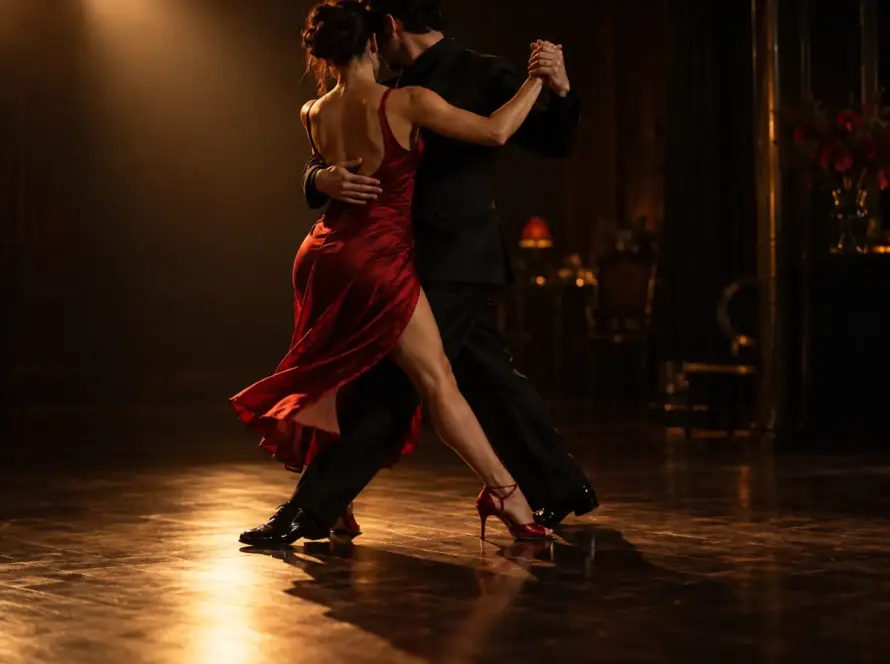 Karanlık parkede kırmızı elbise etekli ve siyah ayakkabılı tango çifti, kapalı kucaklaşma